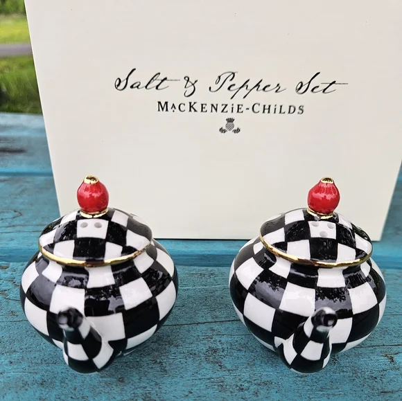 Mackenzie Childs Courtly Check Teapot Salt & Pepper Shakers - Picture 6 of 9